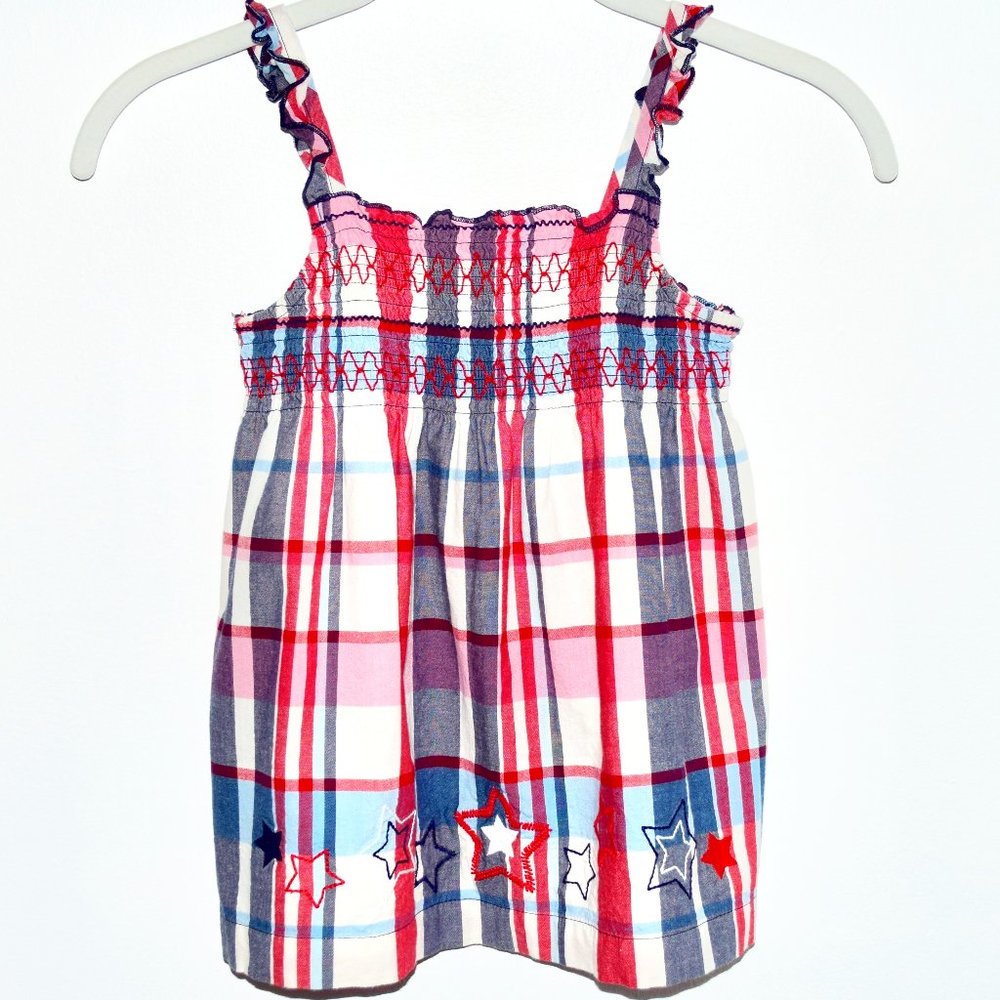 OshKosh B'Gosh Plaid Smocked Tank Top with Red, White and Blue Stars - S…